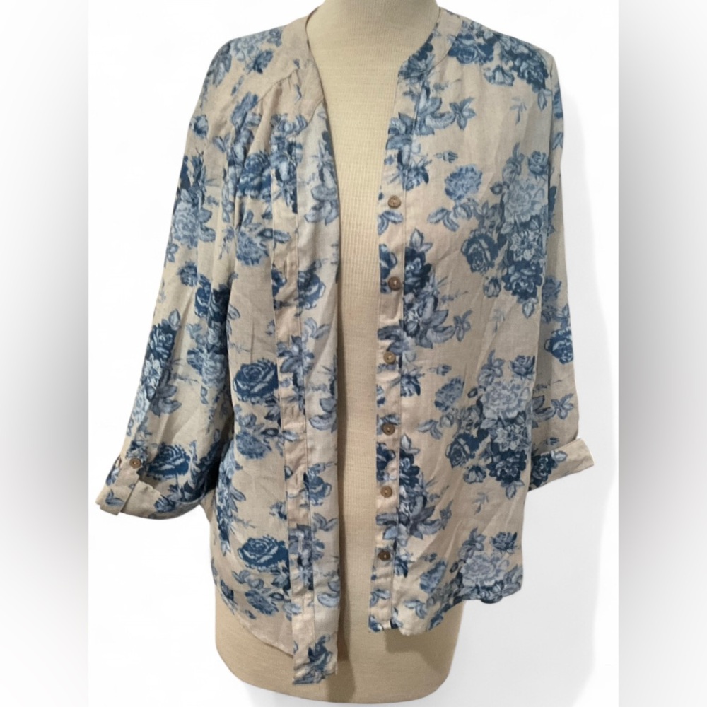 Sara Michelle Blue Cream Floral Button Up Blouse Women’s XL | Long Sleeve Top